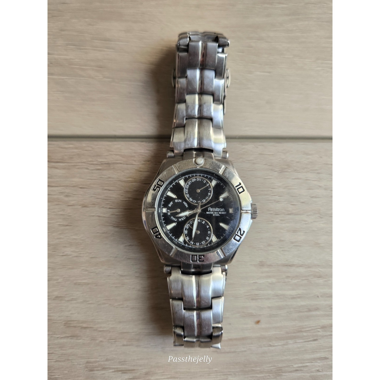 Armitron Watch Mens Multifunction Day Date Black Dial Steel Quartz Vtg Usa